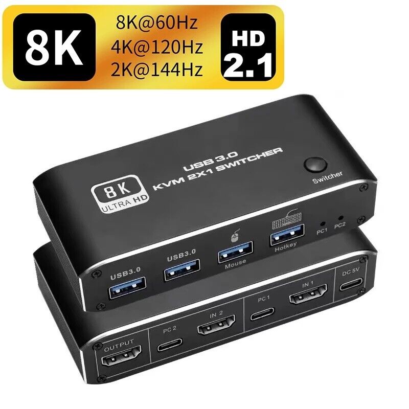 HDMI 2.1 KVM Switch 2X1 4K 120Hz 8K Dual Port USB 3.0 KVM Switcher with Hotkey