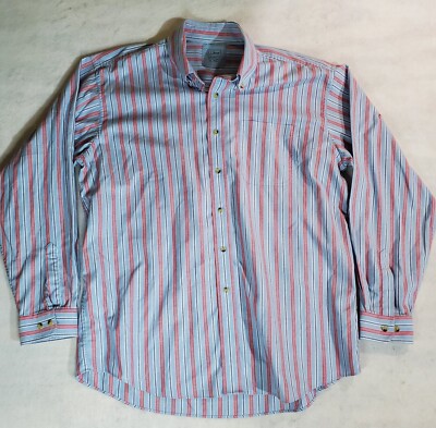 LL Bean Signature Mens Button-up Red Striped Cotton Shirt Long Sleeve Mens Sz XL