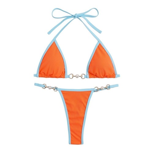 SHEIN Women's Ribbed Triangle Thong Bikini Set Multicolor XL Pearl Detail