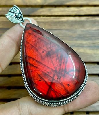 Red Labradorite Gemstone 925 Sterling Silver Handmade Jewelry Pendant 2.05''