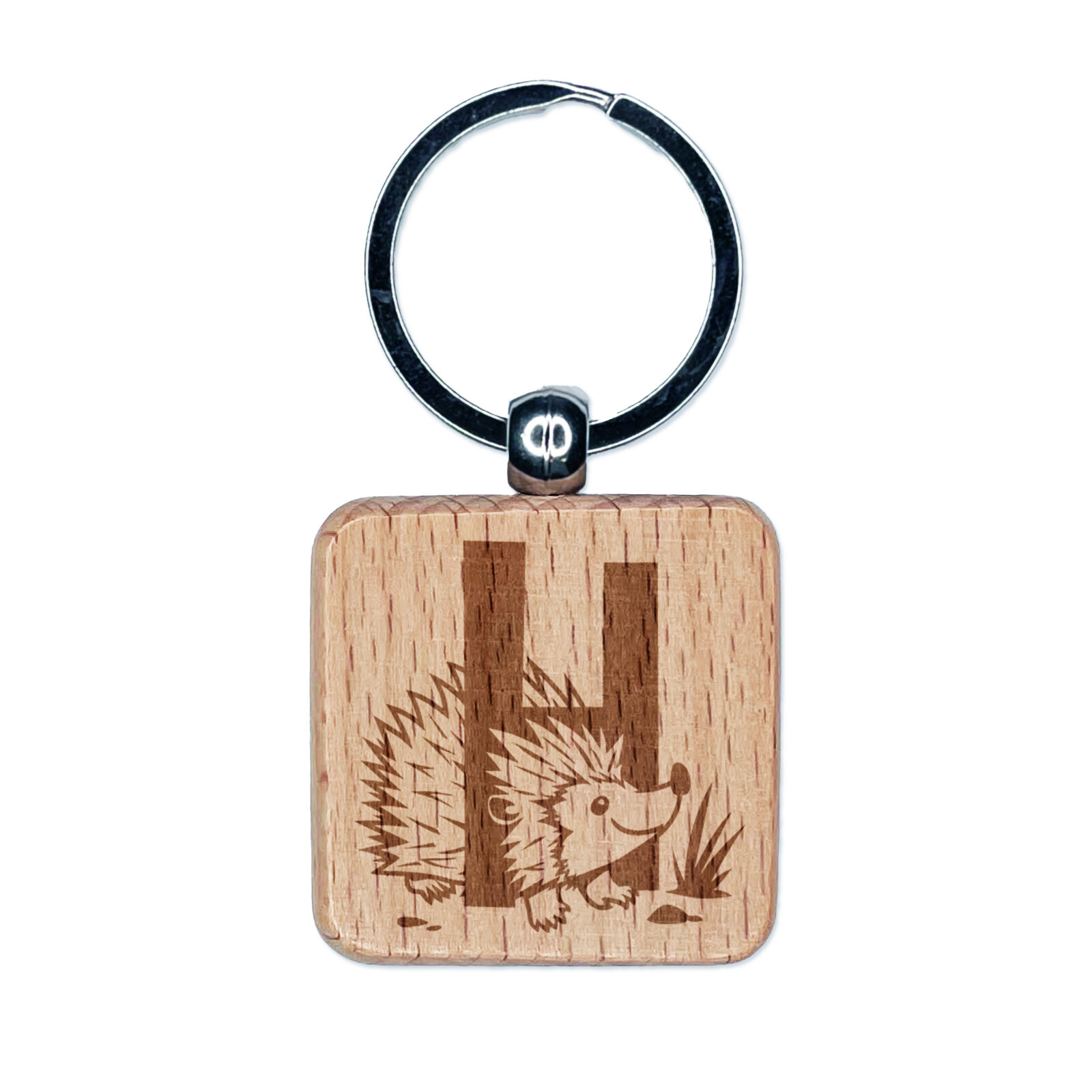 Animal Alphabet Letter H for Hedgehog Engraved Wood Square Keychain Tag Charm