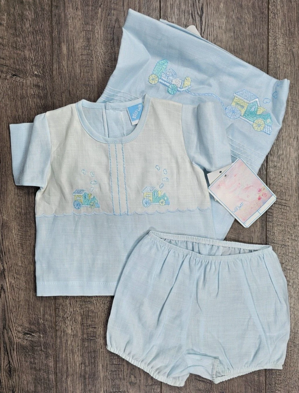New! Baby Boy Clothes Will'Beth 0-3 Month 3pc Blue Train Blanket Outfit Set
