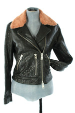 All Saints Biker Jacket Leather Black Shorland Pink Fur Collar Front Zip Uk 6