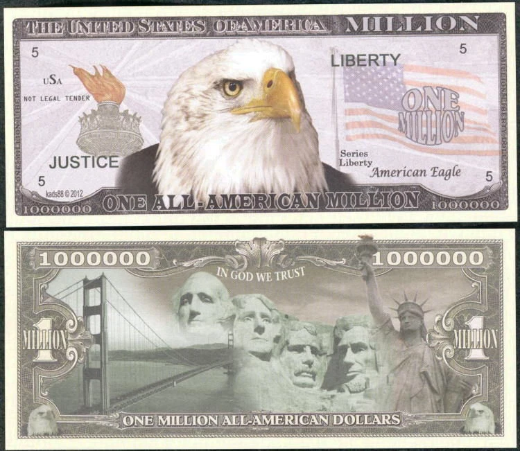 All-American Eagle Million Dollar Bill Funny Money Novelty Note with FREE SLEEVE