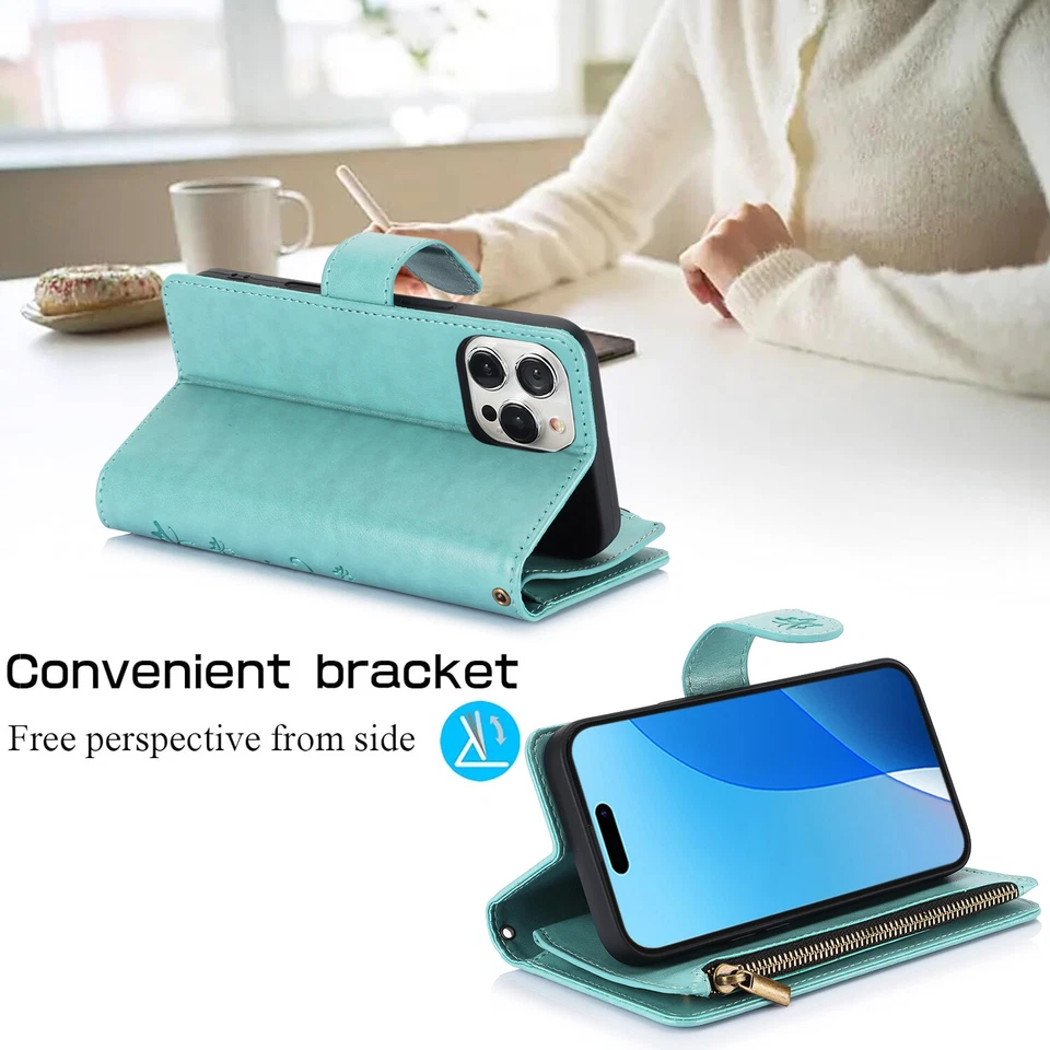 For iPhone 16 Pro Max 15 14 13 Zipper Wallet Magnetic PU Leather Stand Flip Case - Image 3 of 4
