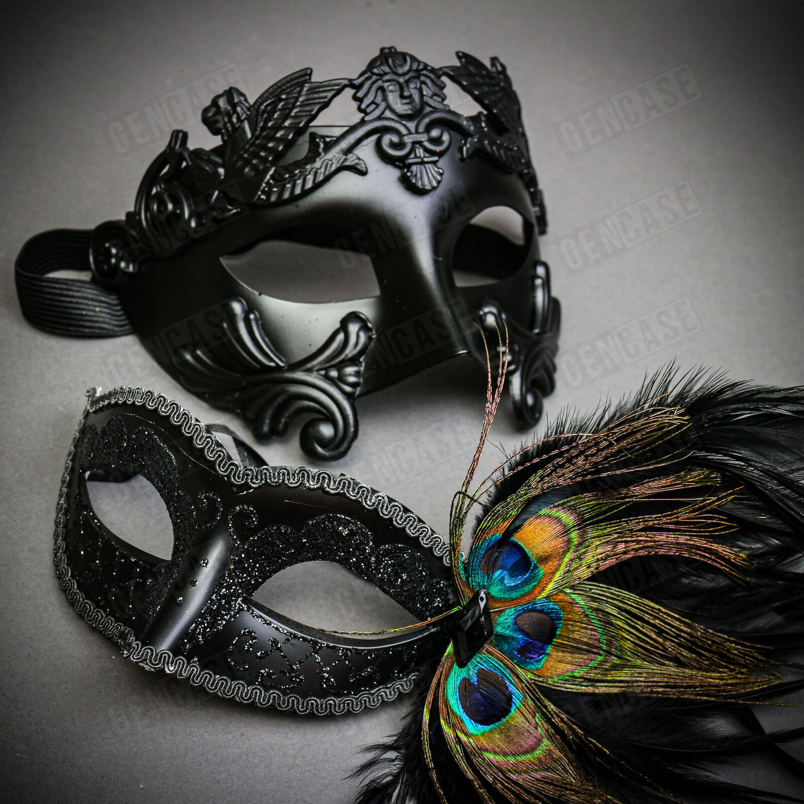 Venetian Black Warrior Half-Face & Black Glitter Feather Eye Ball Couple Mask