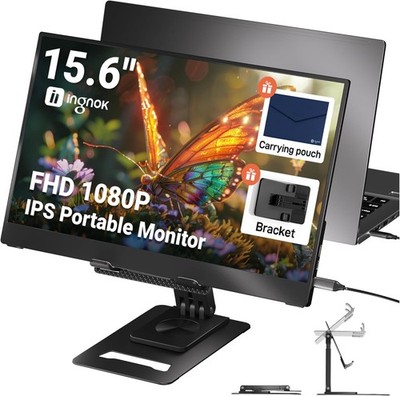 Ingnok 15,6'' Tragbarer Monitor, FHD 1080P IPS Ultra-Slim Reisemonitor mit