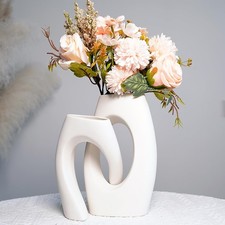 White Ceramic Vase Set of 2, Hug Donut Boho Vases with Champagne Faux Flowers...