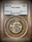 1937-D Washington Quarter PCGS MS65  BLAST WHITE GEM BU Brilliant Uncirculated
