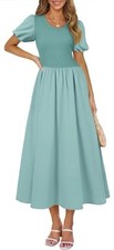 AlvaQ Women Dress Spring Summer Puff Sleeve Midi Dress High Waist Ruffle-SIZE L
