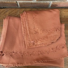 Leaf Scroll Cutwork Oval Tablecloth  8 Matching Napkins Farmhouse Autumn Orange