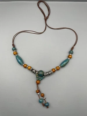 Boho Statement Kette Türkis Ocker Keramik Perlen Y-Form Ethno Hippie Look - Bild 1 von 4
