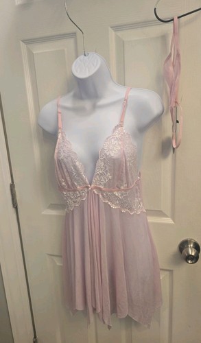 V69 Avidlove Adorable Light Pink  Valentine Soft Lace Babydoll 2 Piece Lingerie 