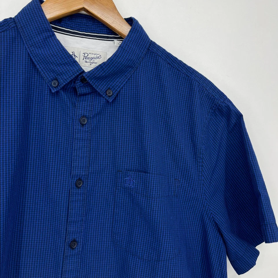 Penguin Short Sleeve Button Shirt Men's XL Blue Check Print Pocket Logo Cotton - Image 4 of 4