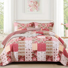 Floral Patchwork Quilt Set Queen Size, Red Rose Plaid Bedspread 3 Pcs Country