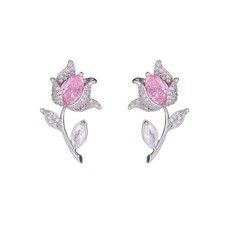 White Gold Plated Pink/Clear Cubic Zirconia Tulip Flower Stud Earrings