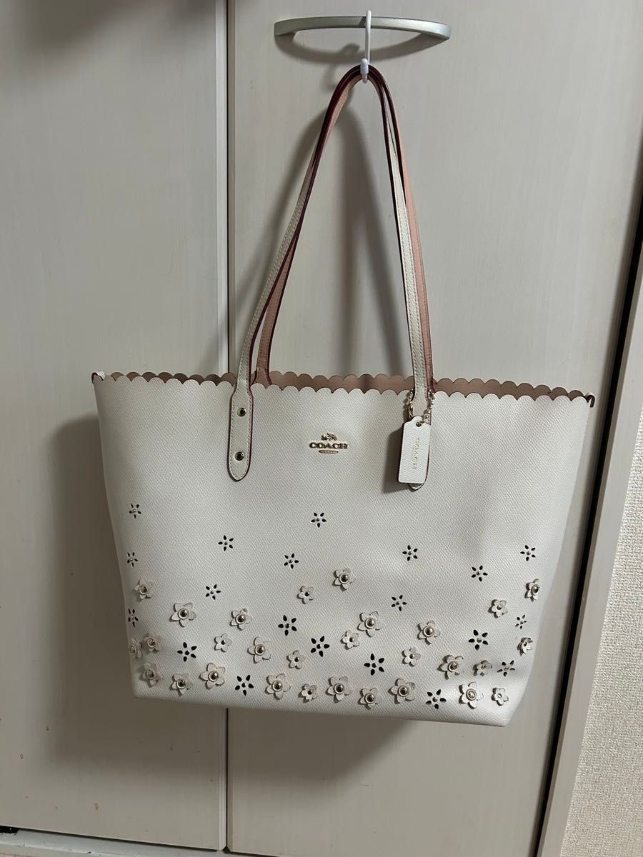 Coach White Floral Tote Bag with Signature Pattern