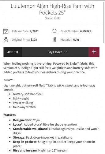 Lululemon Legging Größe 4 High Rise Align mit Seitentaschen Sonic Pink Hose W5DU4S - Bild 10 von 11