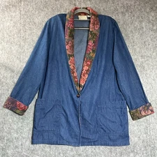 Vintage Blazer Jacket Womens Small Blue Denim Tapestry Collar Pockets Retro 90s