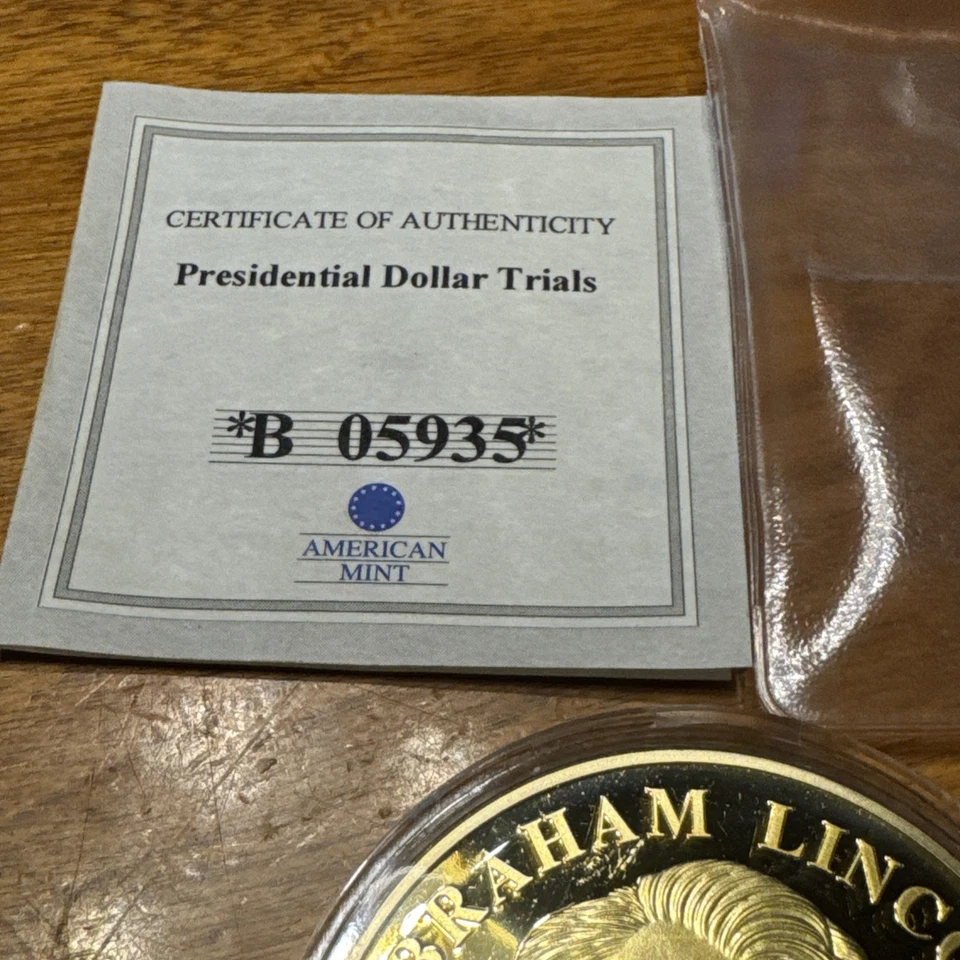 ABRAHAM LINCOLN DOLLAR TRIAL COIN PROOF AMERICAN MINT ORIG. RETAIL $99.95 NICE - Image 3 of 4