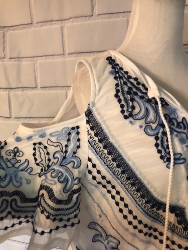 NWT INC International Concepts Cold-Shoulder Top Petite Sz S Blue White Tunic - Picture 5 of 7