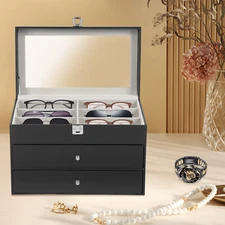 Watches & Glasses Display Box Storage Organizer Case w/ Glass Lid 24-Slot 3 Tier