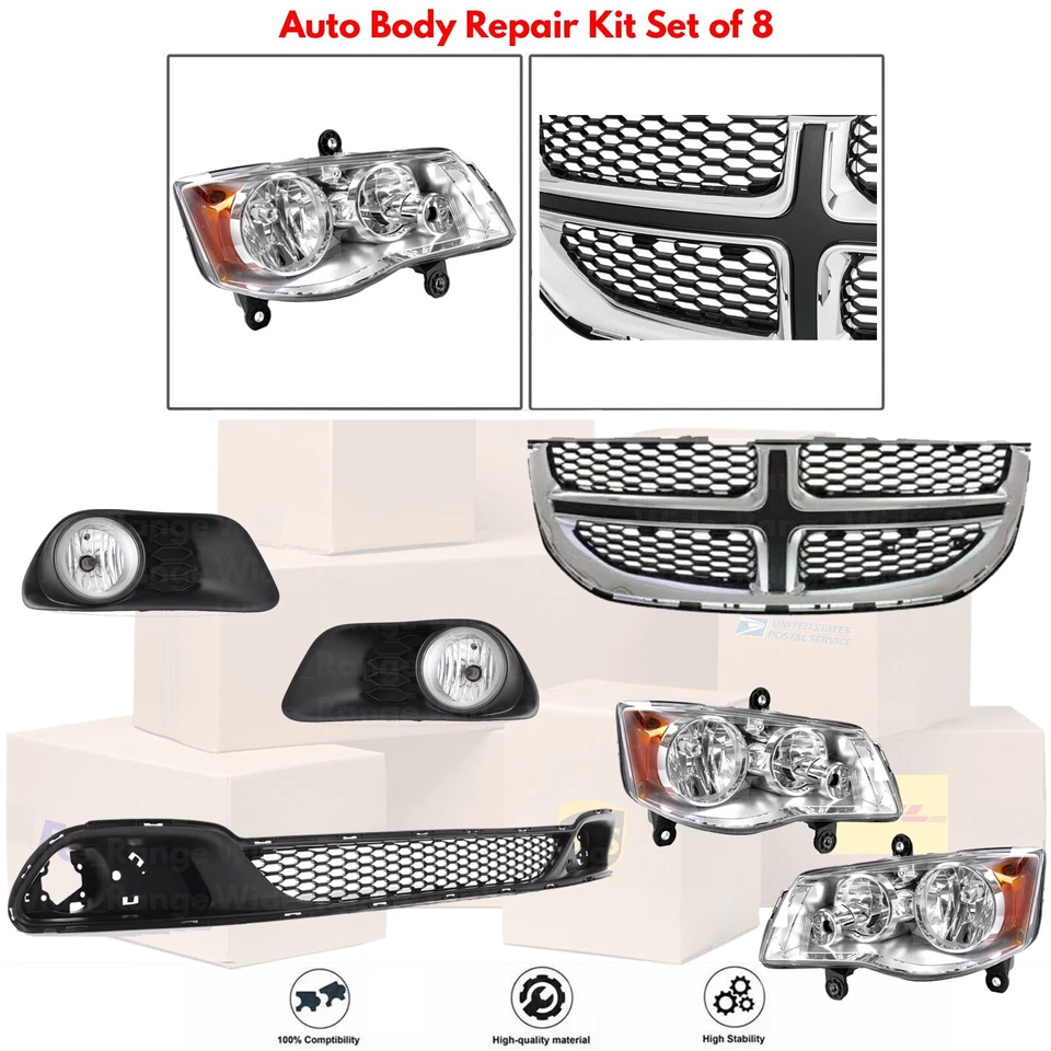 Front Grille Assembly & Head Light Pair For 2011-2020 Dodge Grand Caravan - Image 2 of 4
