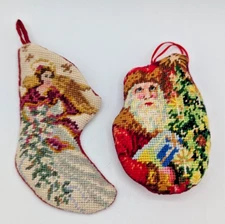 Vintage Needlepoint Mini Stocking and Pillow Santa Angel Christmas Tree Ornament