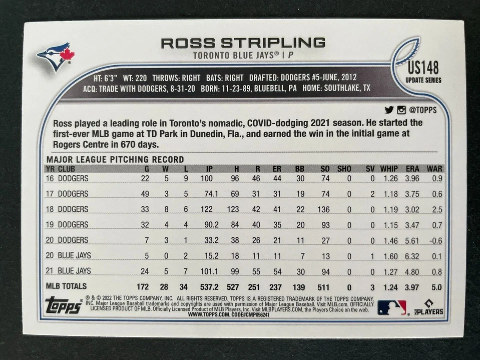Ross STRIPLING 2022 Topps Update Series #US148 Toronto Blue Jays - Image 2 of 2