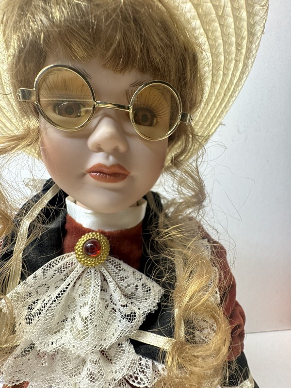 Geppeddo Porcelain Doll Glasses Victorian Red Dress & Lace Blonde Curly Hair