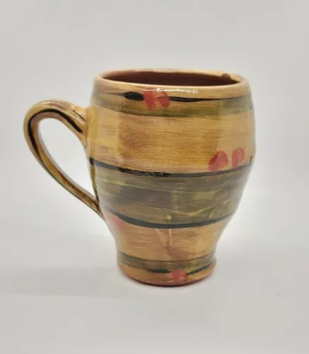Redware Hand thrown Studio Art Abstract Flok Art Pottery Coffee Mug -Signed 15oz