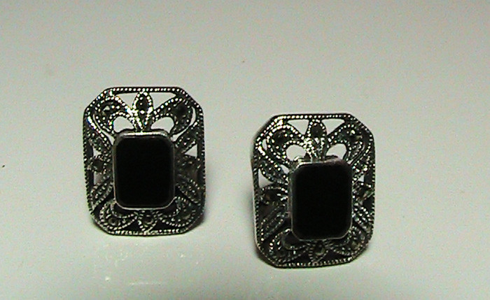 Vintage Silver 925 Earrings Rectangular Black Ony… - image 6