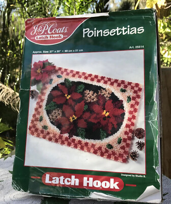 J & P JP Coats Latch Hook Kit Poinsettas 27'' x 20'' #25514 Opened Box Home Decor