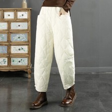 Women Retro Warm Pants Padded Quilted Trousers Elastic Waist Pants Winter Slim