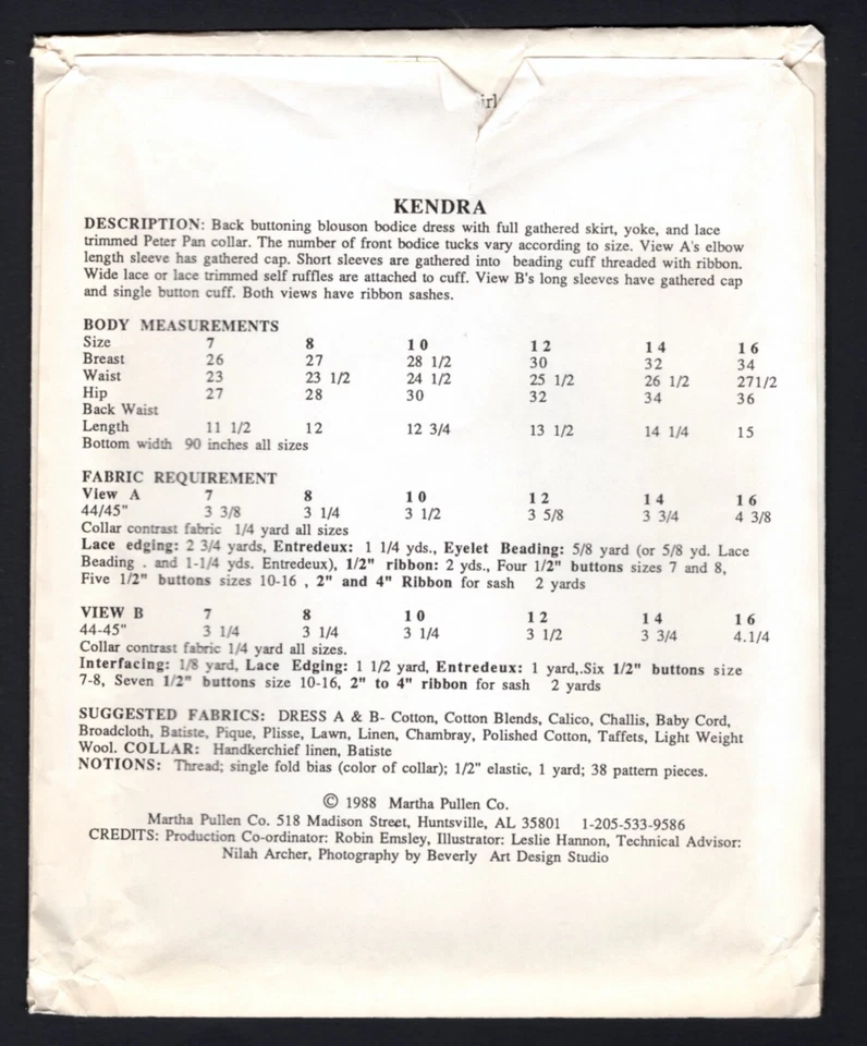 KENDRA Girl's Dress Sewing Pattern by Martha Pullen Child Sizes 7 to 16 - Image 2 of 2