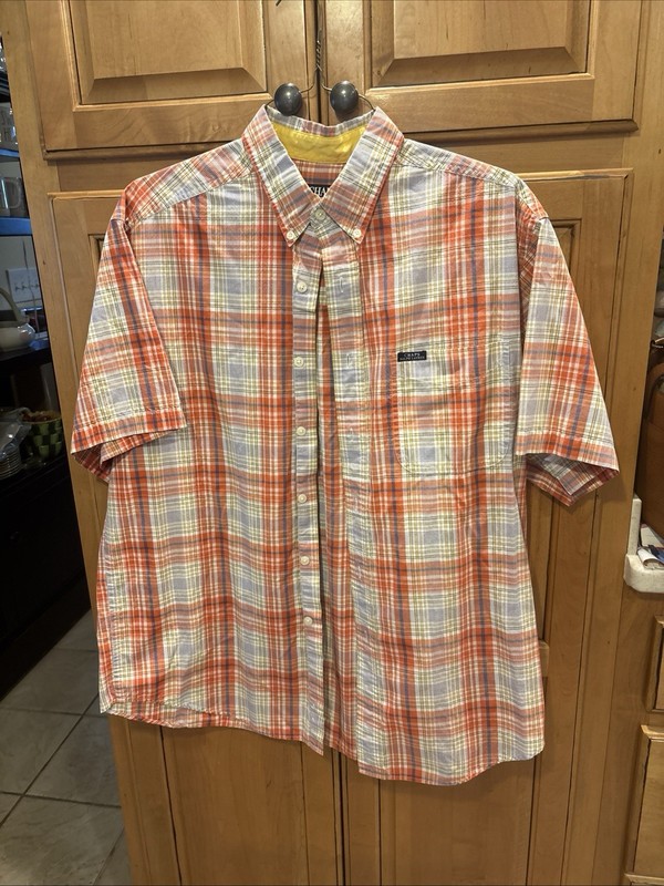 Chaps Cotton Poly  Orange  Plaid Collar Button Front Short Sleeve Shirt Men L