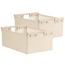 2PCS Storage Bins Cotton Linen Fabric Storage Boxes Basket with Wooden Handle...