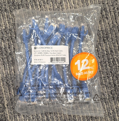 Monoprice Cat6 Ethernet Patch Cable RJ-45 to RJ-45 6 in Blue Snagless 12pk