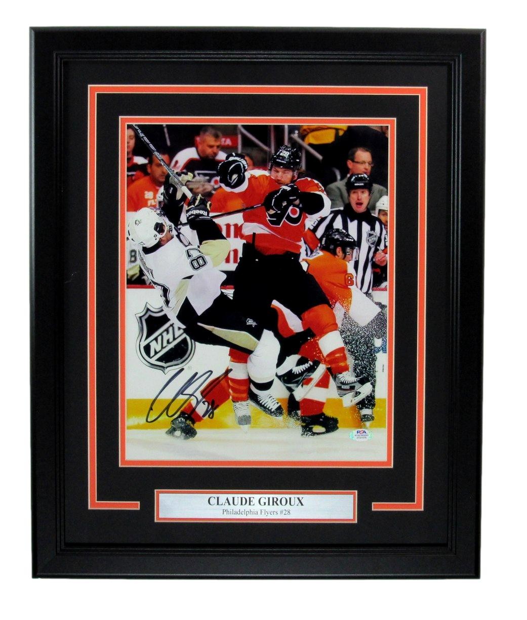 Claude Giroux Autographed 11x14 Photo Sidney Crosby Hit  Flyers Framed PSA/DNA