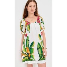Farm Rio Summer Foliage Scarf Linen Mini Dress Off-White Tropical Parrot NWT XS