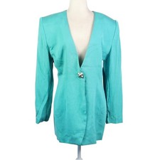 Vintage 80s Aqua Blue Silk Collarless Longline Blazer Jacket L