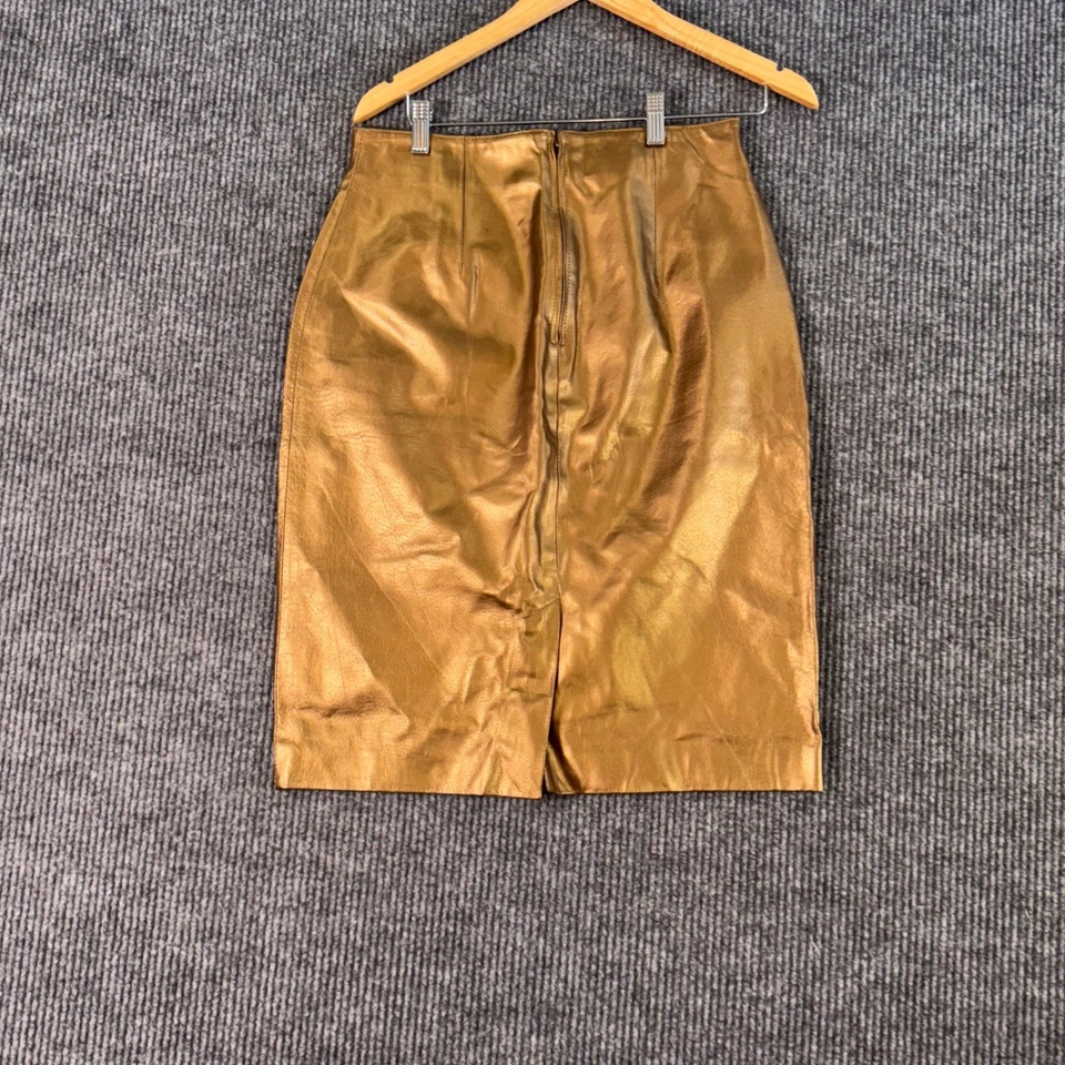 Falda lápiz vintage de cuero metálico dorado Tibor para mujer 12 cintura alta glamour Foto 3 de 4
