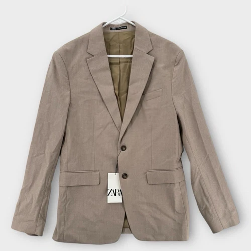 Zara Blazer Mens 40 Slim Fit Beige Stretch Tailored Suit Jacket Lightweight NWT