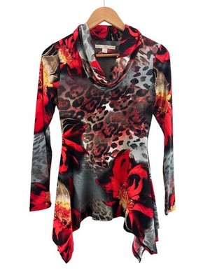 Boston Proper Leopard Lily Top Cowl Neck Asymmetrical Hem Size XS Shirt Blouse