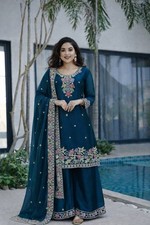 Beautiful Silk Teal Blue Palazzo Suit With Dupatta For Indian Festival Wear