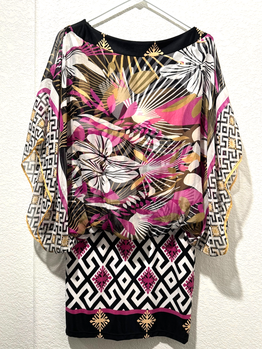 Analili Blouson Drop Waist Dress Sheer Overlay XS/S Abstract Pink Black  Silk | eBay