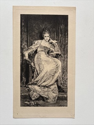 Antique Engraving Meditation . Abel Lurat by Anatole Vely 1875 Lady Sitting