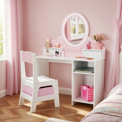 Pink Kids Girl Vanity Table Chair Set Gift Makeup Dressing Mirror