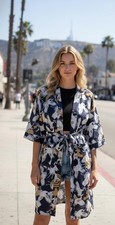 Women's 100% Cotton Kimono Bathrobe White Bird Print Spa Robe Loungewear Robe