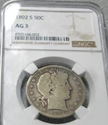 1892-S Barber Half Dollar Silver RARE  ---- NGC AG-3  Graded ---- #657C